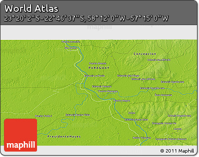 Physical 3D Map of the Area around 23° 3' 19" S, 57° 43' 30" W