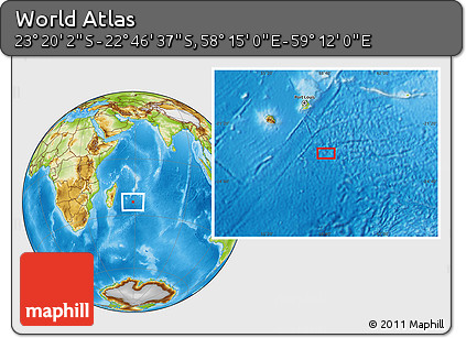 Physical Location Map of the Area around 23° 3' 19" S, 58° 43' 30" E