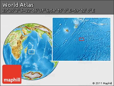 Physical Location Map of the Area around 23° 3' 19" S, 58° 43' 30" E