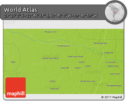 Physical 3D Map of the Area around 23° 3' 19" S, 60° 16' 29" W
