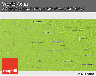 Physical 3D Map of the Area around 23° 3' 19" S, 60° 16' 29" W