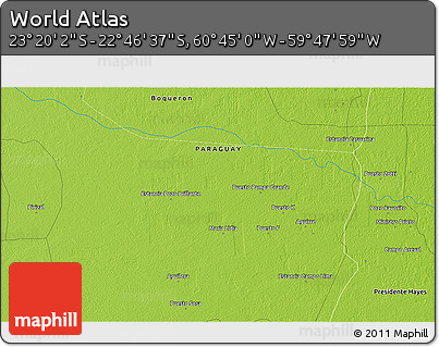 Physical 3D Map of the Area around 23° 3' 19" S, 60° 16' 29" W