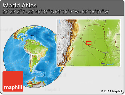 Physical Location Map of the Area around 23° 3' 19" S, 61° 7' 30" W