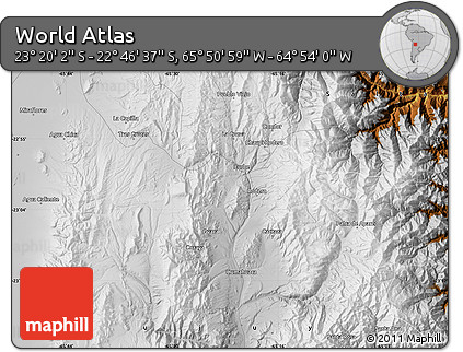 Physical Map of the Area around 23° 3' 19" S, 65° 22' 30" W