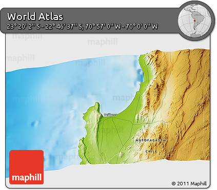 Physical 3D Map of the Area around 23° 3' 19" S, 70° 28' 29" W