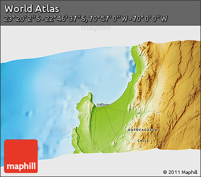 Physical 3D Map of the Area around 23° 3' 19" S, 70° 28' 29" W
