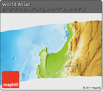 Physical 3D Map of the Area around 23° 3' 19" S, 70° 28' 29" W