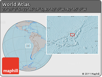 Gray Location Map of the Area around 23° 3' 19" S, 83° 13' 29" W, hill shading