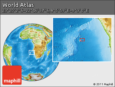 Physical Location Map of the Area around 23° 3' 19" S, 8° 34' 29" E