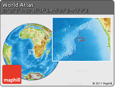 Physical Location Map of the Area around 23° 3' 19" S, 8° 34' 29" E