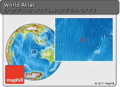 Physical Location Map of the Area around 23° 3' 19" S, 96° 58' 29" E