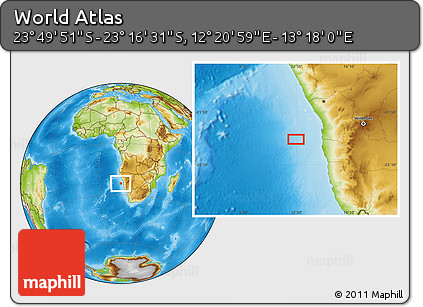 Physical Location Map of the Area around 23° 33' 11" S, 12° 49' 29" E