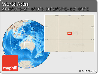 Shaded Relief Location Map of the Area around 23° 33' 11" S, 131° 49' 29" E