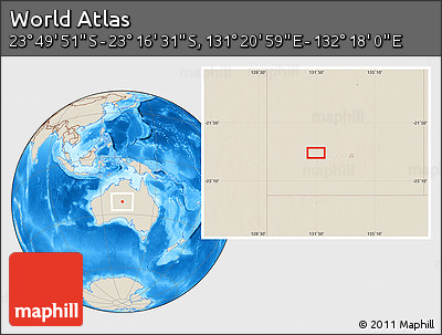 Shaded Relief Location Map of the Area around 23° 33' 11" S, 131° 49' 29" E