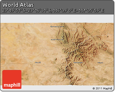 Satellite 3D Map of the Area around 23° 33' 11" S, 147° 7' 30" E