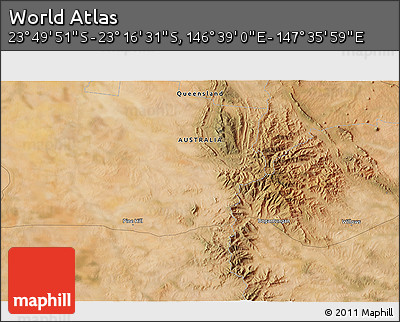 Satellite 3D Map of the Area around 23° 33' 11" S, 147° 7' 30" E