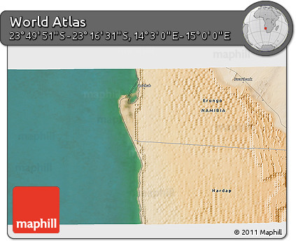 Satellite 3D Map of the Area around 23° 33' 11" S, 14° 31' 30" E