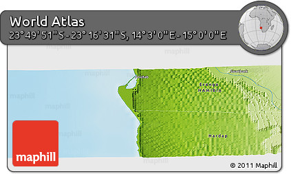 Physical Panoramic Map of the Area around 23° 33' 11" S, 14° 31' 30" E