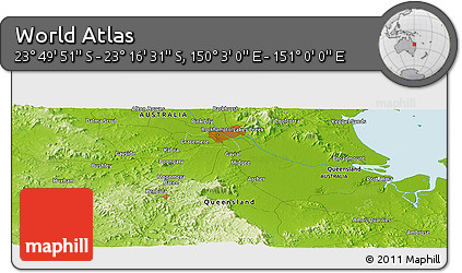 Physical Panoramic Map of the Area around 23° 33' 11" S, 150° 31' 30" E