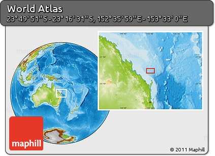 Physical Location Map of the Area around 23° 33' 11" S, 153° 4' 29" E