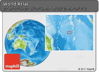 Physical Location Map of the Area around 23° 33' 11" S, 158° 10' 30" E