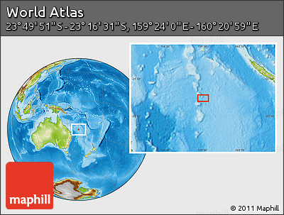 Physical Location Map of the Area around 23° 33' 11" S, 159° 52' 30" E