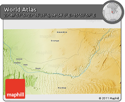 Physical 3D Map of the Area around 23° 33' 11" S, 15° 22' 30" E