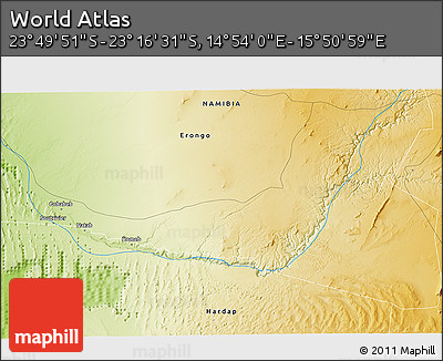 Physical 3D Map of the Area around 23° 33' 11" S, 15° 22' 30" E