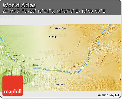 Physical 3D Map of the Area around 23° 33' 11" S, 15° 22' 30" E