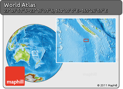 Physical Location Map of the Area around 23° 33' 11" S, 164° 58' 29" E