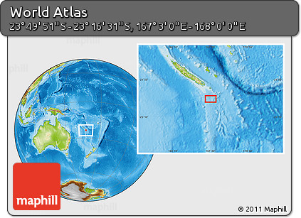Physical Location Map of the Area around 23° 33' 11" S, 167° 31' 30" E