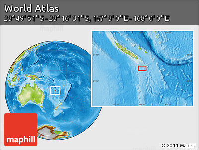 Physical Location Map of the Area around 23° 33' 11" S, 167° 31' 30" E