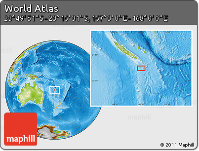 Physical Location Map of the Area around 23° 33' 11" S, 167° 31' 30" E