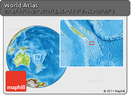 Physical Location Map of the Area around 23° 33' 11" S, 168° 22' 30" E