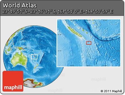 Physical Location Map of the Area around 23° 33' 11" S, 168° 22' 30" E