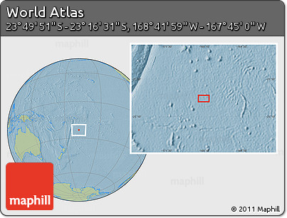 Savanna Style Location Map of the Area around 23° 33' 11" S, 168° 13' 29" W, hill shading