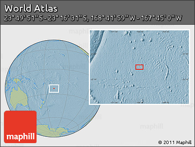 Savanna Style Location Map of the Area around 23° 33' 11" S, 168° 13' 29" W, hill shading