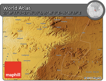 Physical Map of the Area around 23° 33' 11" S, 16° 13' 30" E