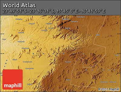Physical Map of the Area around 23° 33' 11" S, 16° 13' 30" E