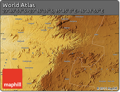 Physical Map of the Area around 23° 33' 11" S, 16° 13' 30" E