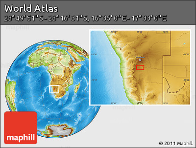 Physical Location Map of the Area around 23° 33' 11" S, 17° 4' 30" E