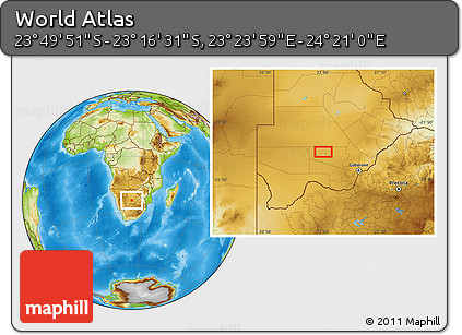 Physical Location Map of the Area around 23° 33' 11" S, 23° 52' 30" E