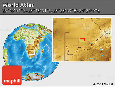 Physical Location Map of the Area around 23° 33' 11" S, 23° 52' 30" E