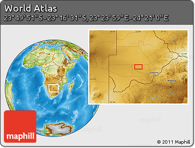Physical Location Map of the Area around 23° 33' 11" S, 23° 52' 30" E