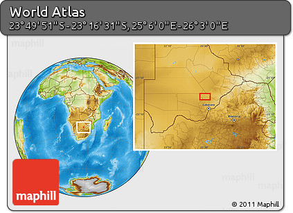 Physical Location Map of the Area around 23° 33' 11" S, 25° 34' 30" E