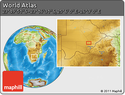 Physical Location Map of the Area around 23° 33' 11" S, 25° 34' 30" E