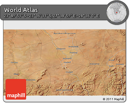Satellite 3D Map of the Area around 23° 33' 11" S, 28° 7' 30" E