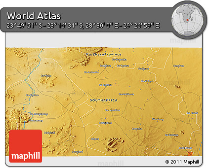 Physical 3D Map of the Area around 23° 33' 11" S, 28° 58' 30" E