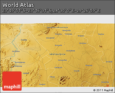 Physical 3D Map of the Area around 23° 33' 11" S, 28° 58' 30" E