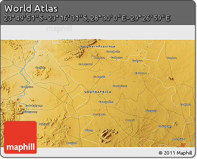Physical 3D Map of the Area around 23° 33' 11" S, 28° 58' 30" E